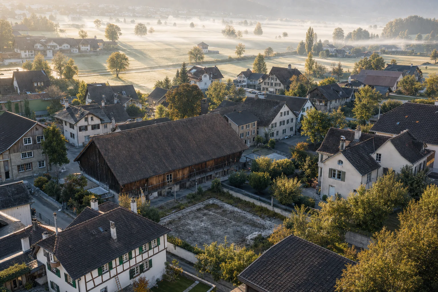 Older village quarter in morning light with an empty building plot